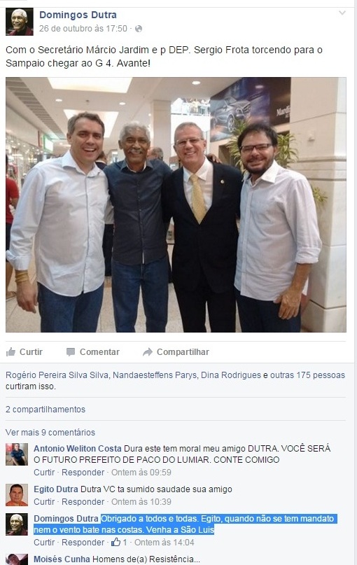 Dutra postou foto com Márcio Jardim e Sérgio Frota e fez desabafo ao responder comentário