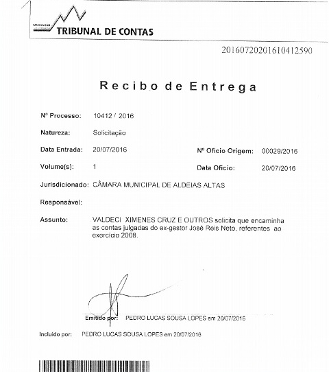 Ofício entregue por vereadores ao presidente do TCE, Jorge Pavão, pedindo envio da prestação de contas desaprovadas à apreciação da Câmara