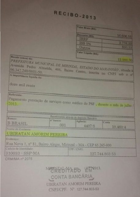 Recibo emitido pela Prefeitura de Mirinzal revela salário de médico que atua no município
