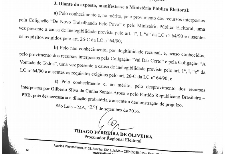 Procurador regional eleitoral reconheceu que há causa para inelegibilidade de Gilberto Aroso