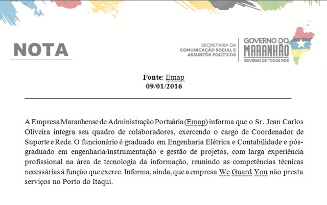 Nota encaminhada pela Emap à TV Mirante confirma que o dono do prédio alugado à Funac é servidor da Emap 