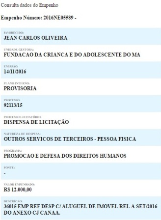 Resenha do empenho da parcela do aluguel referente ao mês de novembro de 2016 