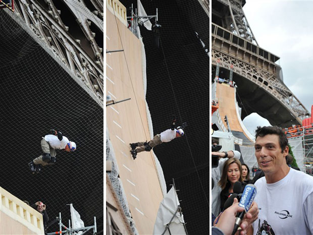 Taig Khris salta do primeiro andar da Torre Eiffel (Foto: AFP)