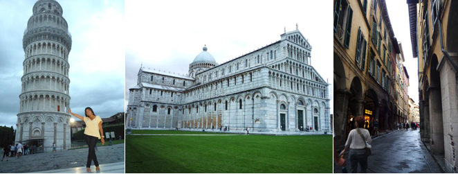 A Torre de Pisa; A Catedral de Pisa; e uma das estreitas e charmosas ruas da cidade.