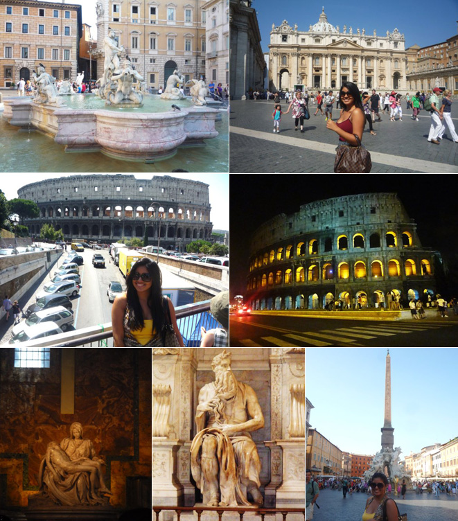 Fontana de Fiume; Basílica de São Pedro; Coliseu durante o dia e à noite; Estátua de Moisés; a famosa Pietá; e Fontana de Moro e Netuno.